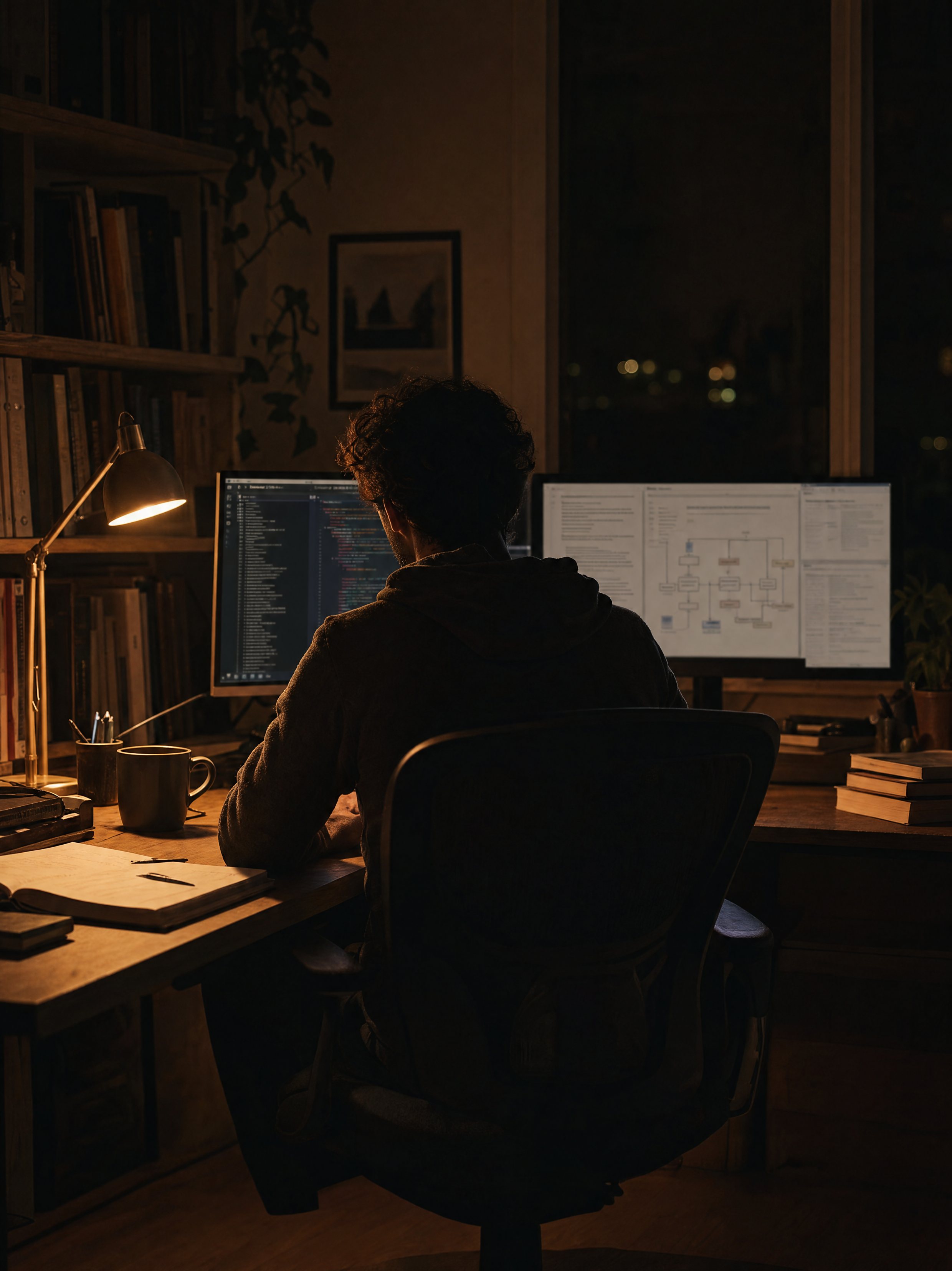 The founder working at his desk at night